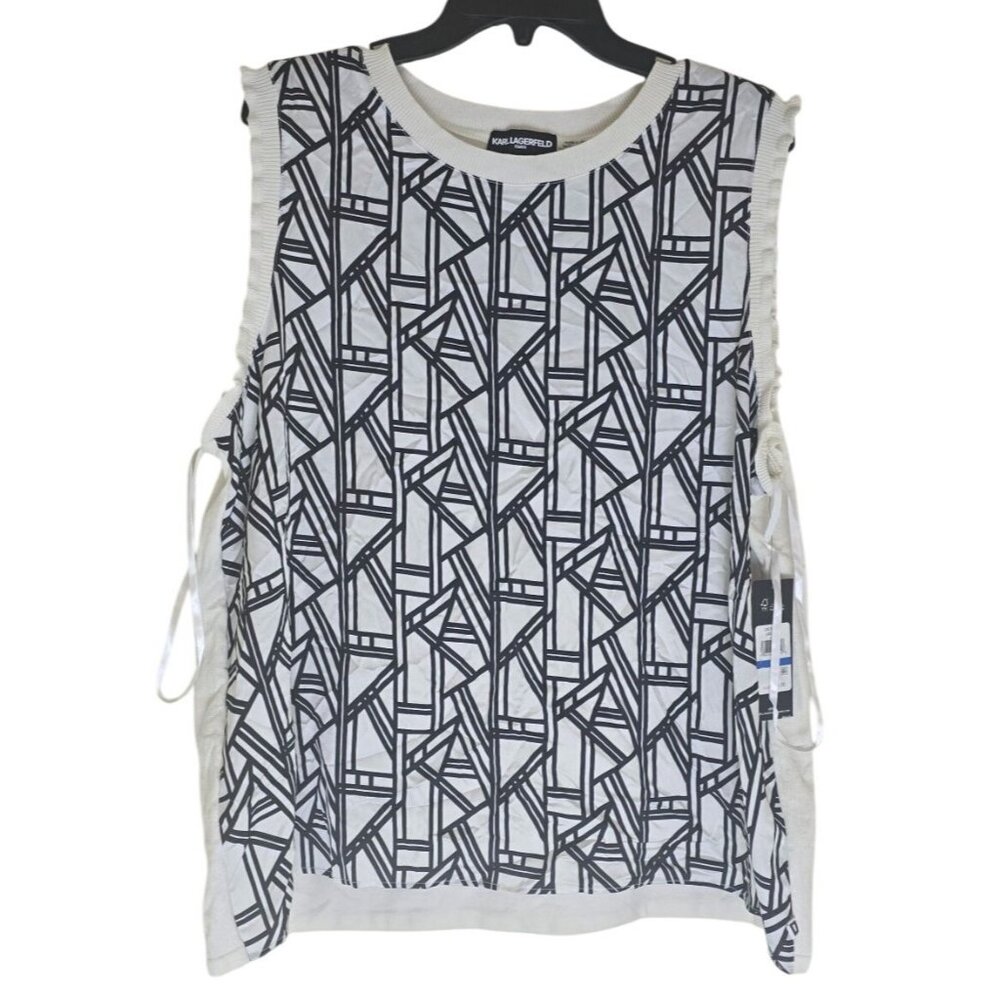 Karl Lagerfeld Paris Women's Geometric-Print Mixed-Media Ruffle-Trim Sweater - S - Picture 2 of 5